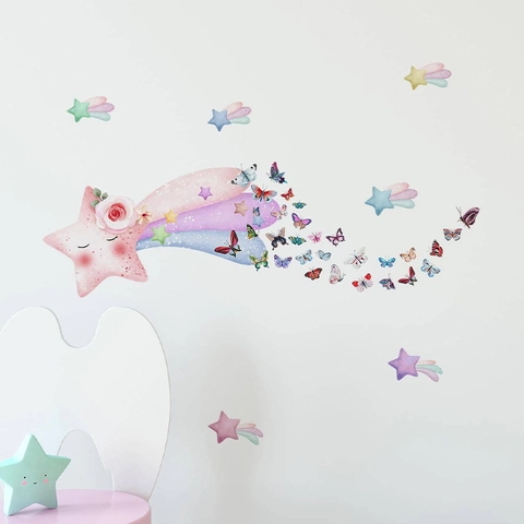 Pegatinas de Pared de Mariposa Estrella Arcoíris de Dibujos Animados para Niños PVC Acuarela Decoración de Hogar Bricolaje