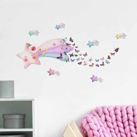 Pegatinas de Pared de Mariposa Estrella Arcoíris de Dibujos Animados para Niños PVC Acuarela Decoración de Hogar Bricolaje