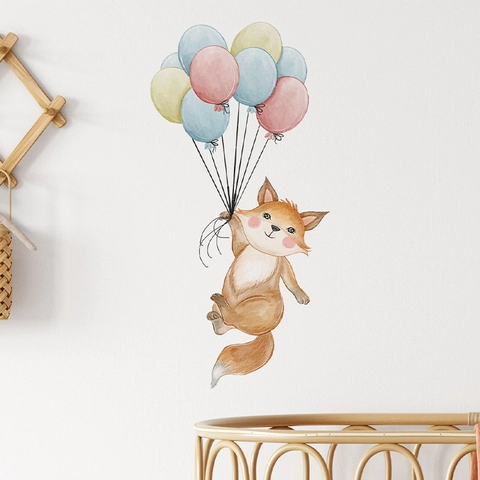 Cute Watercolor Fox Holding Colorful Balloons Wall Sticker PVC Nursery Decoration For Kids Room Kindergarten Bedroom Cartoon Animal Wall Decal