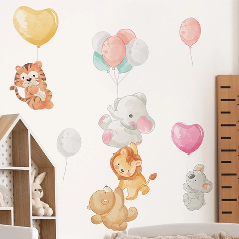 Cartoon Animal Balloon Wall Stickers For Kids Bedroom Nursery Decor Watercolor Tiger Elephant Lion PVC Decorative Wall Decal