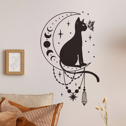 Bohemian Black Cat On Crescent Moon Wall Sticker PVC Cartoon Butterfly Star Silhouette Home Decor Bedroom Living Room Art Decal