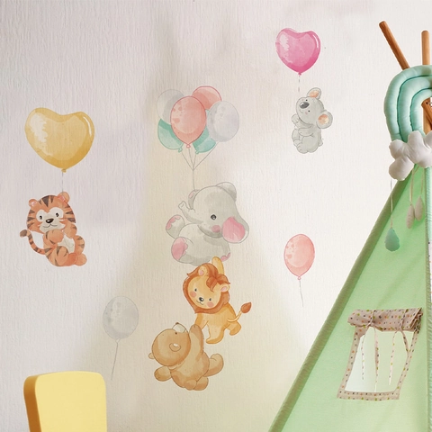 Cartoon Animal Balloon Wall Stickers For Kids Bedroom Nursery Decor Watercolor Tiger Elephant Lion PVC Decorative Wall Decal