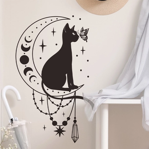 Bohemian Black Cat On Crescent Moon Wall Sticker PVC Cartoon Butterfly Star Silhouette Home Decor Bedroom Living Room Art Decal