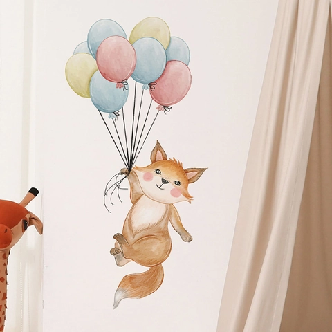 Cute Watercolor Fox Holding Colorful Balloons Wall Sticker PVC Nursery Decoration For Kids Room Kindergarten Bedroom Cartoon Animal Wall Decal
