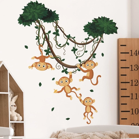 Cartoon Monkey Climbing Tree Jungle PVC Wall Stickers Cute Animal Removable Decor For Kids Room Nursery Kindergarten