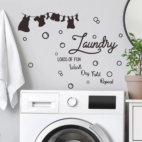 Laundry Room Wall Sticker PVC Removable Wash Dry Fold Repeat Slogan Vinyl Decal Home Decor Art Mural For Laundry Laundryroom