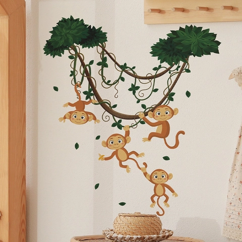 Cartoon Monkey Climbing Tree Jungle PVC Wall Stickers Cute Animal Removable Decor For Kids Room Nursery Kindergarten