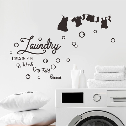 Laundry Room Wall Sticker PVC Removable Wash Dry Fold Repeat Slogan Vinyl Decal Home Decor Art Mural For Laundry Laundryroom