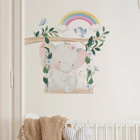 Cartoon Elefant Hase Schaukel Wandaufkleber PVC Aquarell Stil Kinderzimmer Kindergarten Heimtextilien Kunst Wandbild Aufkleber