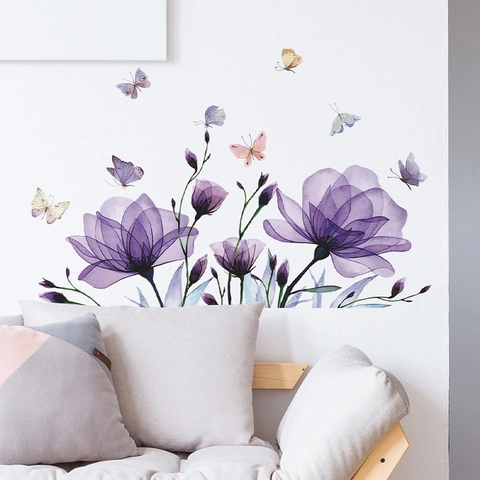 Romantische Lila Blumen Schmetterling Wandtattoo PVC Aquarell Halbdurchsichtige Dekorative Aufkleber Für Schlafzimmer Wohnzimmer
