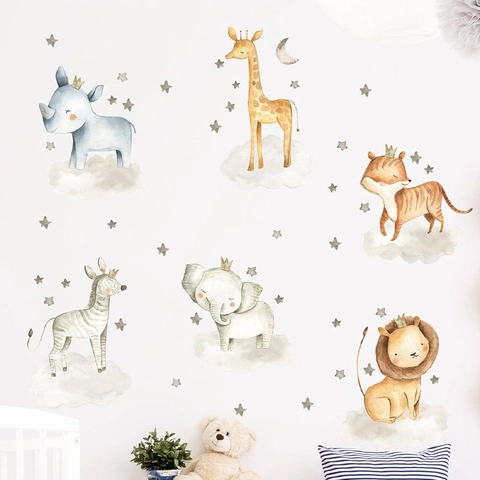 Süße Aquarell Cartoon Tier Wandaufkleber Für Kinderzimmer Schlafzimmer Dekor Löwe Elefant Giraffe Stern Mond PVC Wandtattoos