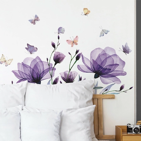 Romantische Lila Blumen Schmetterling Wandtattoo PVC Aquarell Halbdurchsichtige Dekorative Aufkleber Für Schlafzimmer Wohnzimmer