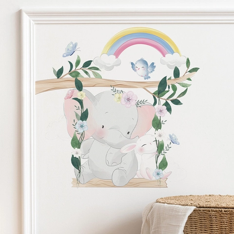 Cartoon Elefant Hase Schaukel Wandaufkleber PVC Aquarell Stil Kinderzimmer Kindergarten Heimtextilien Kunst Wandbild Aufkleber