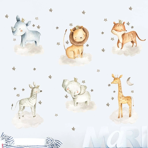 Süße Aquarell Cartoon Tier Wandaufkleber Für Kinderzimmer Schlafzimmer Dekor Löwe Elefant Giraffe Stern Mond PVC Wandtattoos