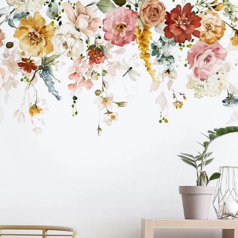 Watercolor Floral Wall Stickers Self Adhesive PVC Flower Green Plant Wall Decals For Bedroom Living Room Home Decoration