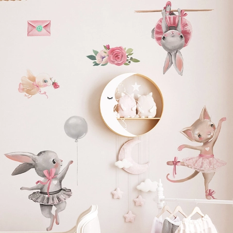 Cartoon Ballet Bunny Cat Wall Stickers PVC Decorative Decal for Kids Girls Room Nursery Bedroom Home Decor Art