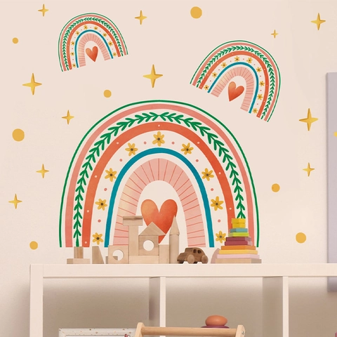 Bohemian Rainbow Star Polka Dot Wall Sticker PVC Watercolor Heart Floral Nursery Decor For Kids Room Bedroom Living Room
