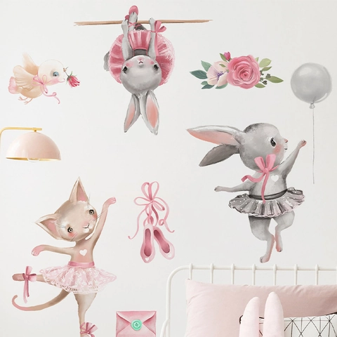 Cartoon Ballet Bunny Cat Wall Stickers PVC Decorative Decal for Kids Girls Room Nursery Bedroom Home Decor Art