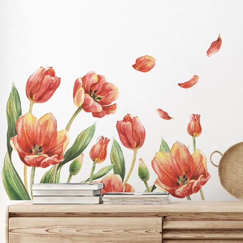 Aquarell Tulpe Wandtattoo PVC Abnehmbare Blumen Wandaufkleber Für Schlafzimmer Wohnzimmer Haus Innenwand Kunst Dekoration