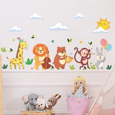 Adesivi Murali Concerto Musicale Animali Cartone Animato PVC Giraffa Leone Orso Scimmia Coniglio Decorativi Per Camera Bambini