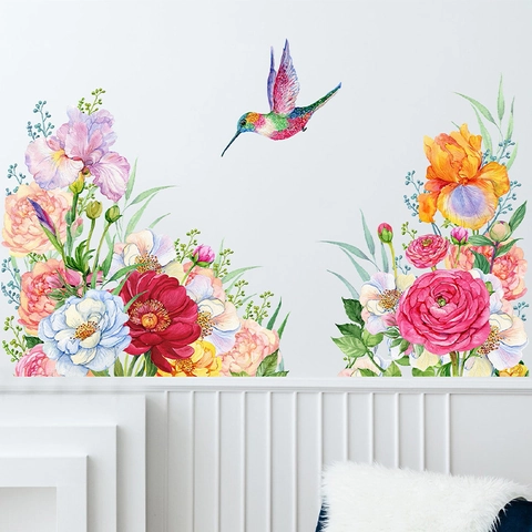 Vinilos de Pared de Peonía en Acuarela y Colibrí de PVC Removibles Florales Plantas Verdes Calcomanías de Pared para Sala de Estar Dormitorio
