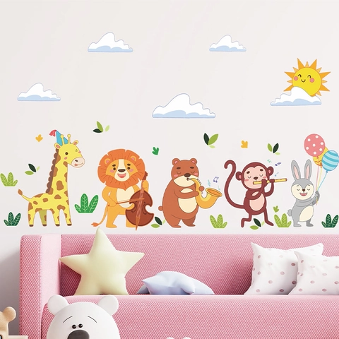 Adesivi Murali Concerto Musicale Animali Cartone Animato PVC Giraffa Leone Orso Scimmia Coniglio Decorativi Per Camera Bambini