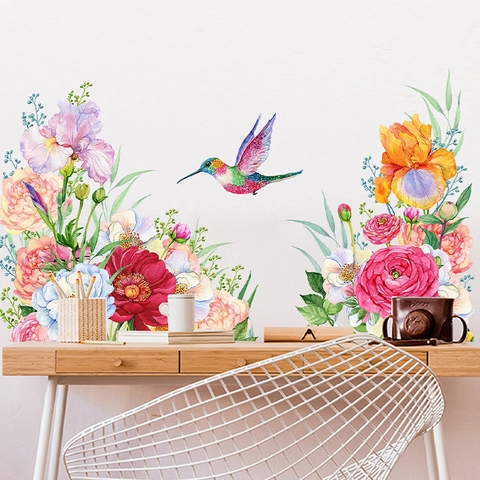 Vinilos de Pared de Peonía en Acuarela y Colibrí de PVC Removibles Florales Plantas Verdes Calcomanías de Pared para Sala de Estar Dormitorio
