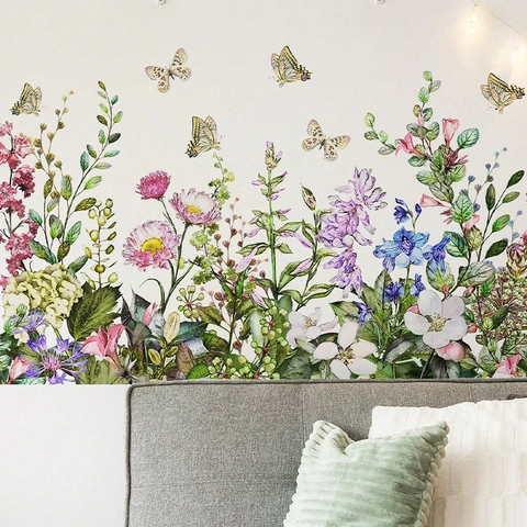 Frische Aquarell Blumen Schmetterling Wandsticker PVC Abnehmbare Blumen Grüne Pflanzen Wandaufkleber Für Wohnzimmer Schlafzimmer Home Dekor
