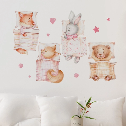 Cartoon Animal Watercolor Wall Stickers Sleeping Bear Rabbit Fox Removable PVC Decals For Kids Nursery Room Home Decor