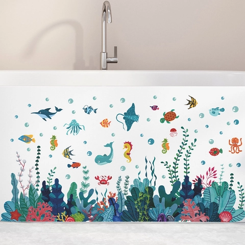 Ocean World Marine Life Wall Stickers Waterproof PVC Removable Seaweed Coral Fish Decals For Bathroom Bathtub Kids Room