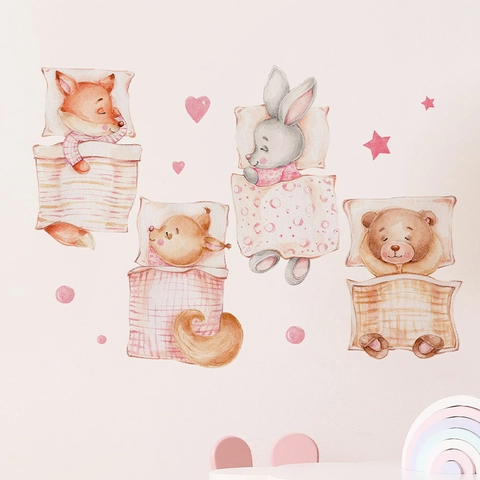 Cartoon Animal Watercolor Wall Stickers Sleeping Bear Rabbit Fox Removable PVC Decals For Kids Nursery Room Home Decor