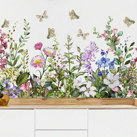 Frische Aquarell Blumen Schmetterling Wandsticker PVC Abnehmbare Blumen Grüne Pflanzen Wandaufkleber Für Wohnzimmer Schlafzimmer Home Dekor