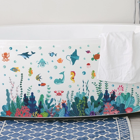 Ocean World Marine Life Wall Stickers Waterproof PVC Removable Seaweed Coral Fish Decals For Bathroom Bathtub Kids Room
