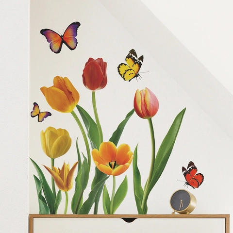 FX-C416 Colorful Tulip Flower Butterfly Wall Sticker PVC Self Adhesive Home Decor For Living Room Bedroom Background Decoration