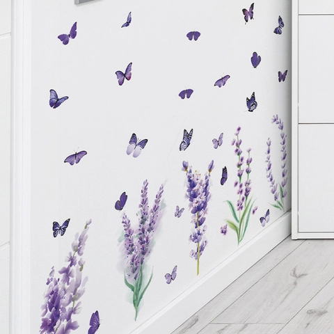 Lila Lavendel Schmetterling Wandaufkleber PVC Wasserdicht Blumen Wandtattoo Für Schlafzimmer Wohnzimmer Haus Dekoration