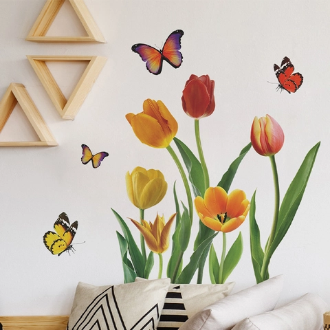 FX-C416 Colorful Tulip Flower Butterfly Wall Sticker PVC Self Adhesive Home Decor For Living Room Bedroom Background Decoration