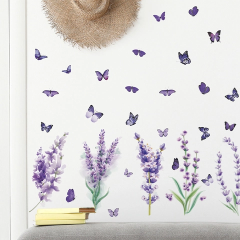Lila Lavendel Schmetterling Wandaufkleber PVC Wasserdicht Blumen Wandtattoo Für Schlafzimmer Wohnzimmer Haus Dekoration