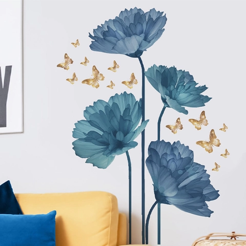 Adesivi Murali Fiori a Inchiostro Blu Farfalla d'Oro PVC Autoadesivi Murales Rimovibili per Soggiorno Camera da Letto Arredamento