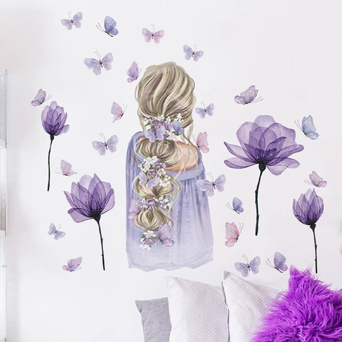 Aquarell Lila Blume Schmetterling Mädchen Rückenansicht Wandaufkleber Romantische PVC Selbstklebende Kunst Wandtattoos Dekor