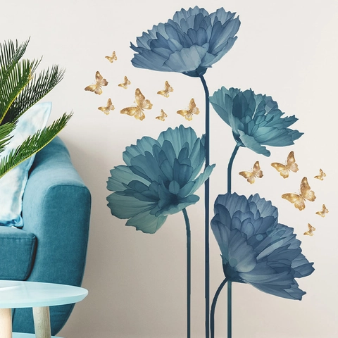 Adesivi Murali Fiori a Inchiostro Blu Farfalla d'Oro PVC Autoadesivi Murales Rimovibili per Soggiorno Camera da Letto Arredamento