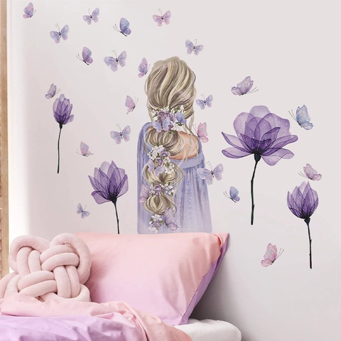 Aquarell Lila Blume Schmetterling Mädchen Rückenansicht Wandaufkleber Romantische PVC Selbstklebende Kunst Wandtattoos Dekor