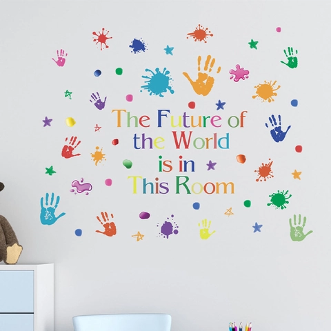 Inspirational Slogan Wall Sticker Colorful Handprints Stars Pattern PVC Decal For Kids Room Kindergarten Classroom Decor