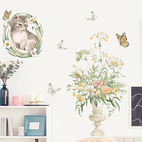 Watercolor Cat Floral Wreath And Flower Vase Wall Stickers PVC DIY Butterfly Decals For Living Room Bedroom Home Decoration