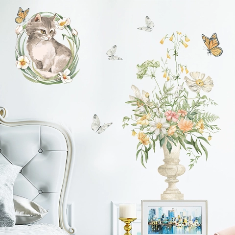 Watercolor Cat Floral Wreath And Flower Vase Wall Stickers PVC DIY Butterfly Decals For Living Room Bedroom Home Decoration