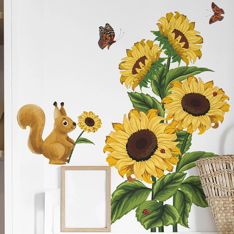 Adesivi Murali Girasole Scoiattolo Dipinti A Mano Removibili PVC Decorazione Per Camera Da Letto Soggiorno Camera Bambini