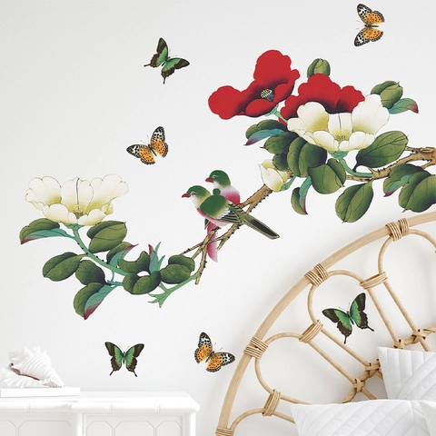 Adesivi Murali Cinesi Arte Fiori Uccelli Farfalle PVC Rimovibili Autoadesivi Decalcomanie Murali Ramo di Camelia Decor
