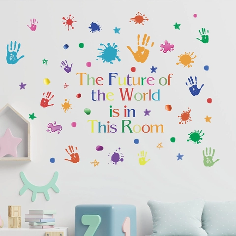 Inspirational Slogan Wall Sticker Colorful Handprints Stars Pattern PVC Decal For Kids Room Kindergarten Classroom Decor