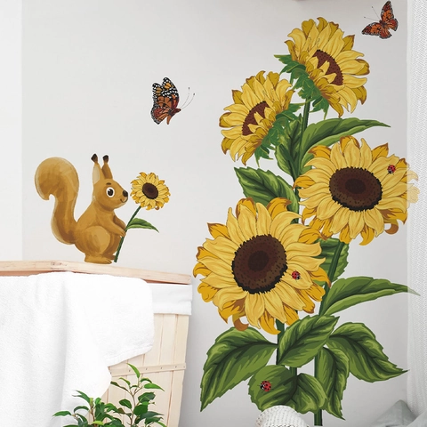 Adesivi Murali Girasole Scoiattolo Dipinti A Mano Removibili PVC Decorazione Per Camera Da Letto Soggiorno Camera Bambini
