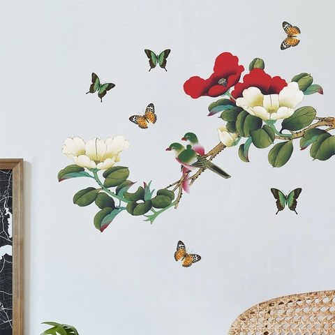 Adesivi Murali Cinesi Arte Fiori Uccelli Farfalle PVC Rimovibili Autoadesivi Decalcomanie Murali Ramo di Camelia Decor