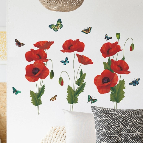 Red Poppy Flower Butterfly Wall Stickers PVC Removable Floral Wall Decals For Living Room Bedroom Home Office Decor